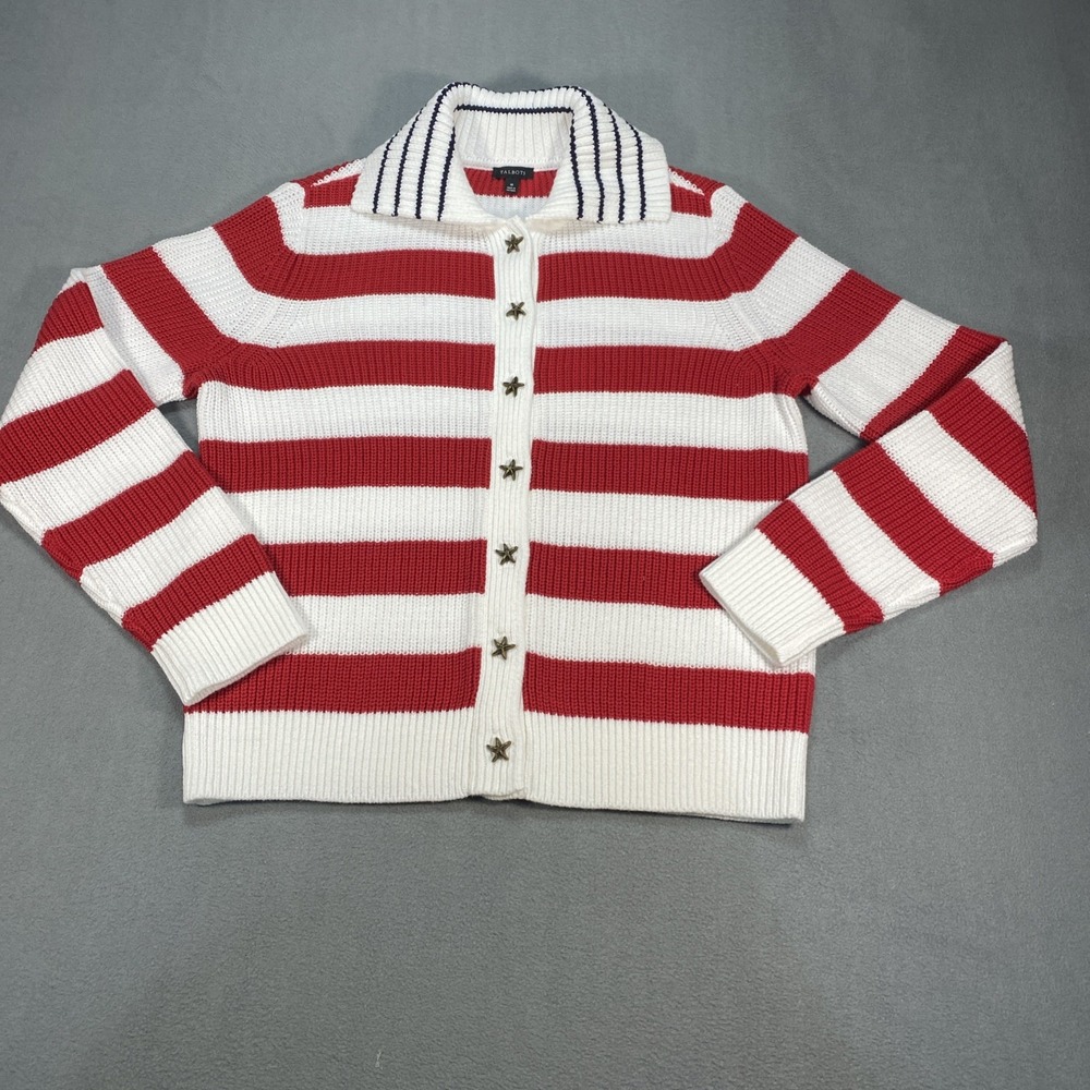 Talbots Red White Striped Rib-Knit Cardigan Sweater Starfish Buttons M Nautical